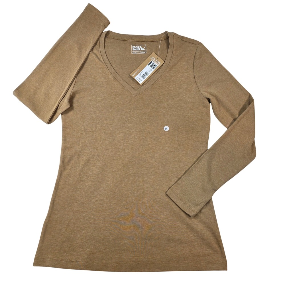 Eddie Bauer Favorite V-Neck Long Sleeve Tee Camel PM Womens Top Gorpcore